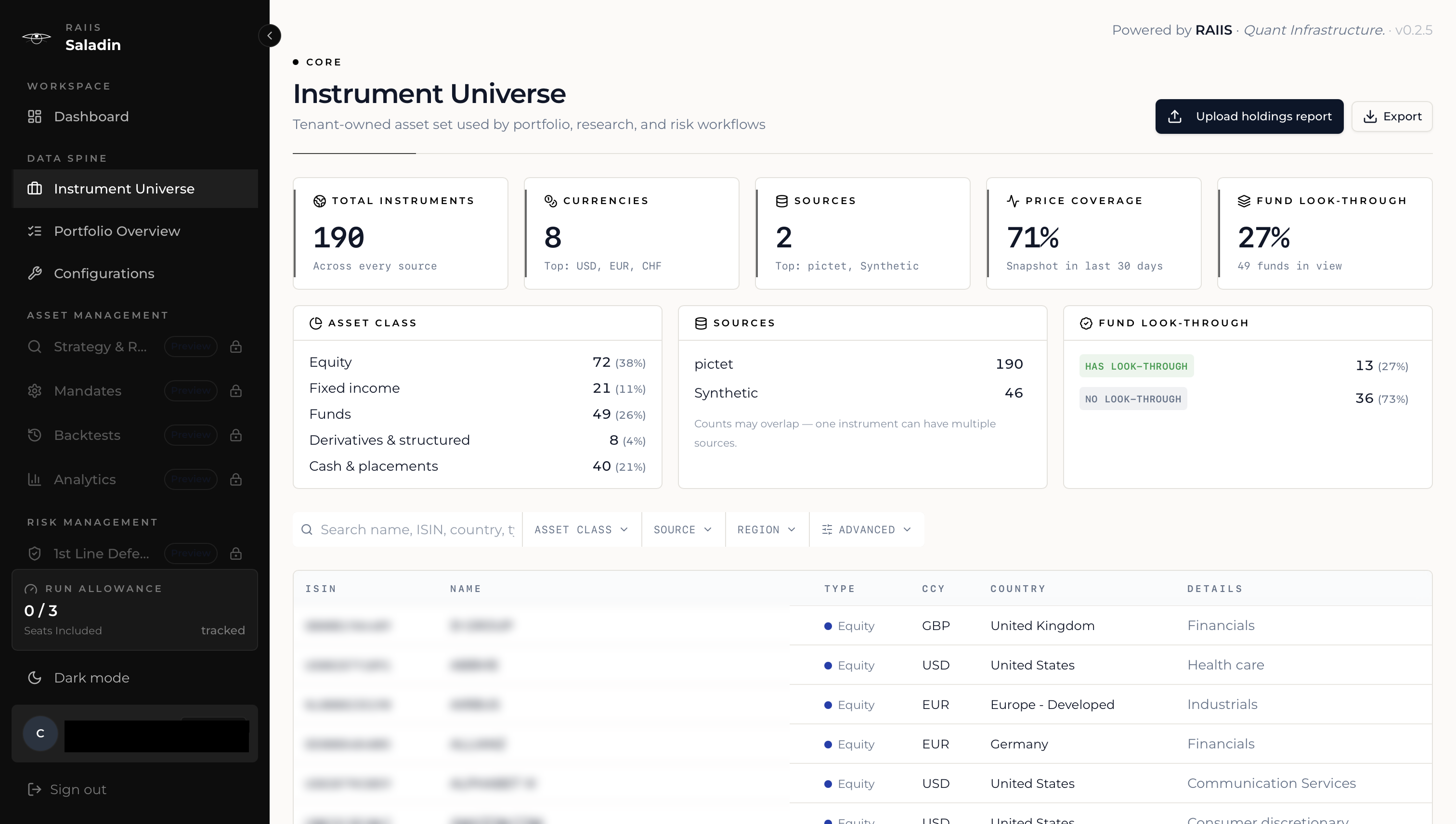 Saladin instrument universe dashboard